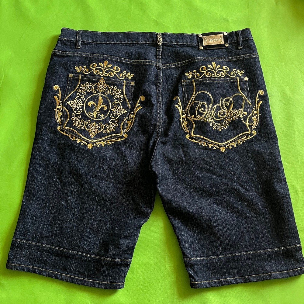 Old Skool Mens Denim Shorts Dark Wash Gold Embroidered Fleur De Lis Size 40